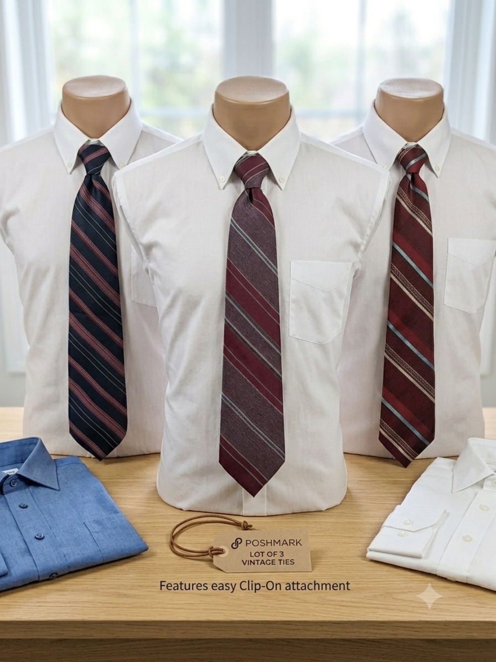 KETCH Vintage Retro Clip-On Striped Ties LOT OF 3 - Burgundy, Navy & Red     T 1